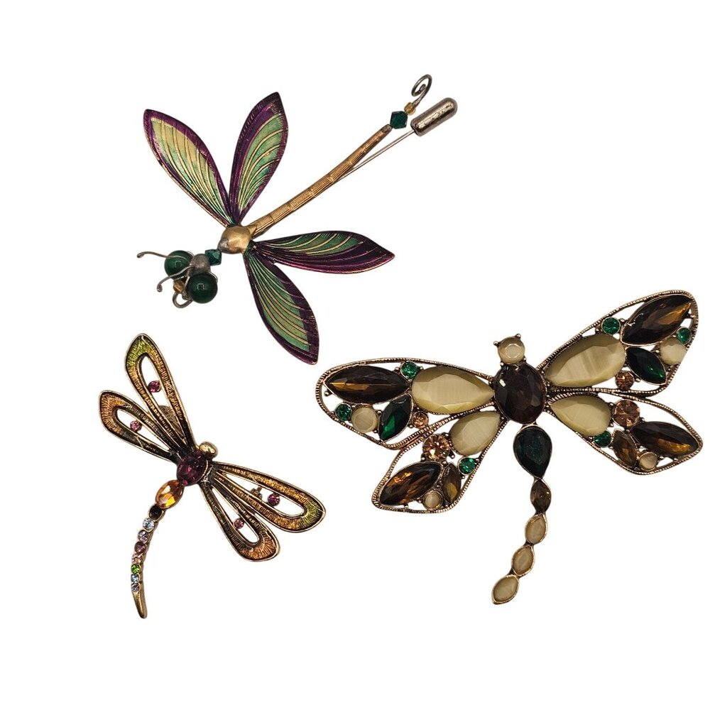 VTG Handmade 3PC Boho Dragonfly Brooch Insects Figural Metal Enamel Rhinestoness